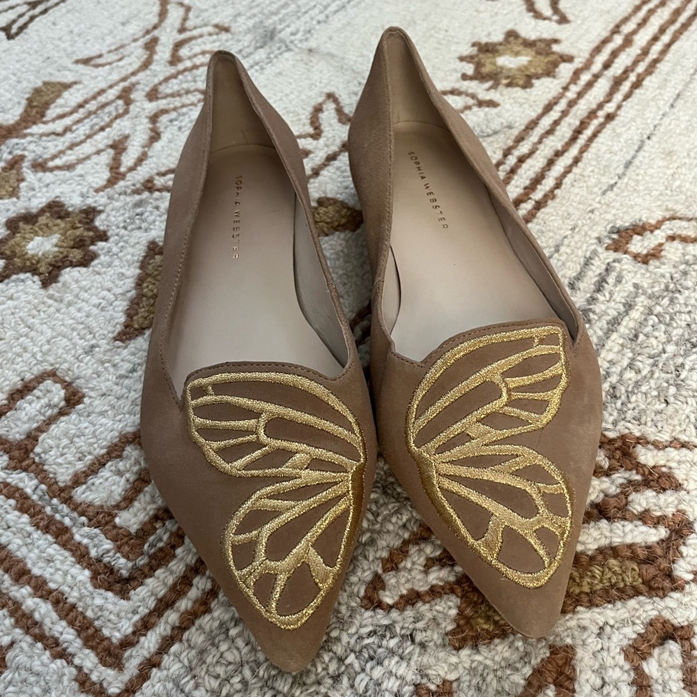 Sophia Webster Taupe/Tan Flats with Gold Embroidery